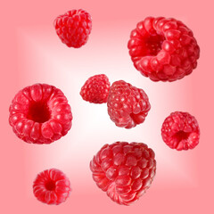 Fresh raspberries swirling in air against pink gradient background
