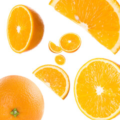 Fresh oranges swirling in air against white background. Citrus fruit