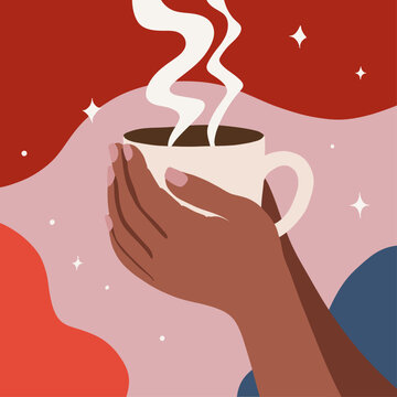 Hands Holding Hot Cup of Coffee or Tea in Colorful Background