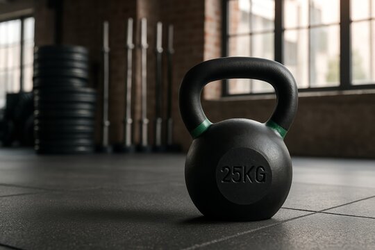  High-resolution image of a 25kg black kettlebell with green markings resting on a rubber gym floor in a modern industrial gym. Background includes weight plates, barbells, and large sunlit windows.