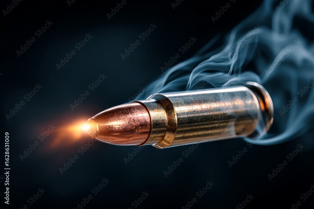 Poster bullet in motion with smoke trail captured in high detail showcasing firearm action and design