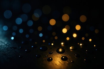 Background is deep with blue and gold bokeh lights floating out of focus