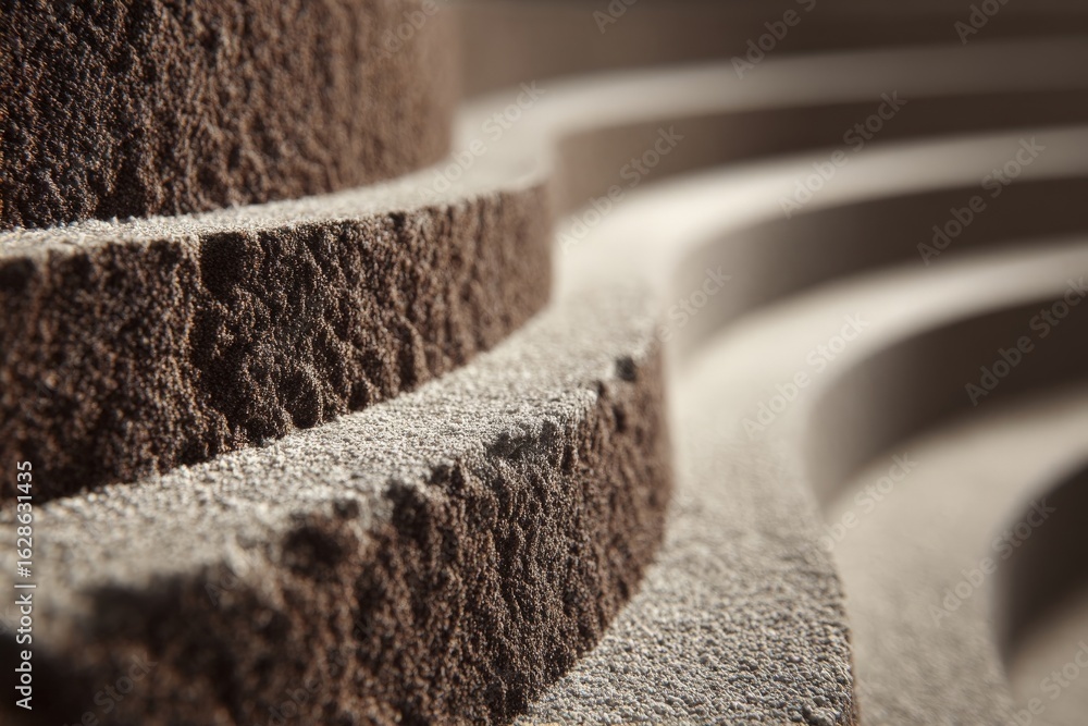 Poster textured steps create a visual pattern in warm lighting at a modern architectural site during the af
