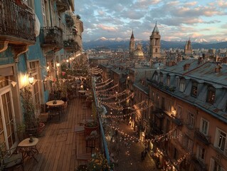 A panoramic view of decorated rooftops with flags and sparkling lights.