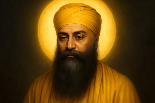 Spiritual sikh guru portrait with glowing yellow aura, traditional turban and serene expression