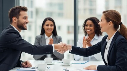 Business professionals engaging in a handshake during a successful meeting in a modern office with colleagues smiling and applauding in the background conveying teamwork and collaboration - Powered by Adobe