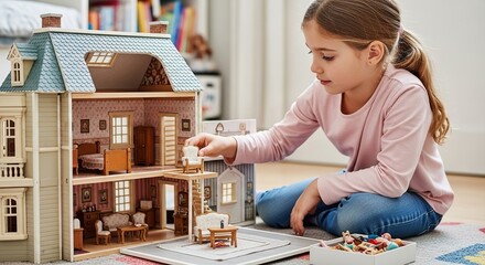 Girl playing with dollhouse miniature furniture doll house child toy room interior design home decor