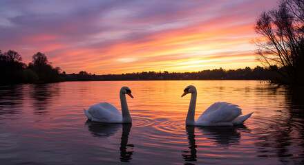 Fototapeta premium Two Swans on a Lake at Sunset