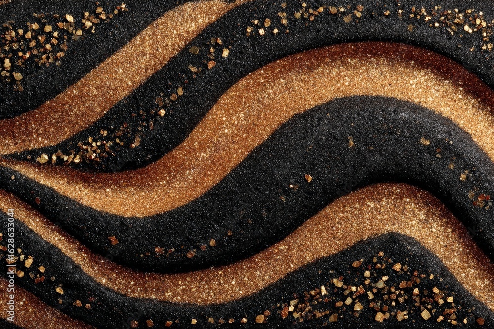 Poster swirling patterns of shimmering gold and black sand create a striking texture resembling waves in na
