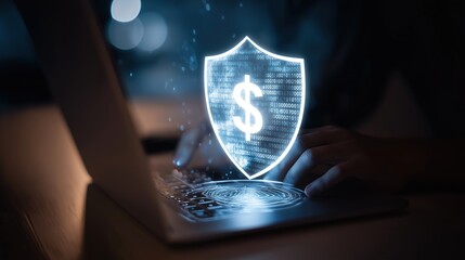 Financial Security Online – User at Laptop with Glowing Shield and Dollar Sign, Representing Safe Digital Transactions and Money Protection