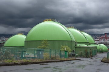Fototapeta premium Green domes of an industrial facility under an overcast sky in a coastal city
