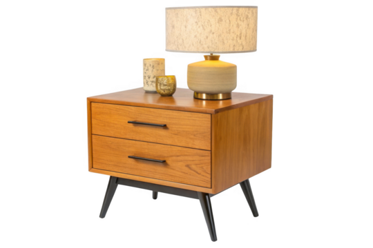 Mid century modern wooden nightstand with lamp and decorative objects isolated on transparent background