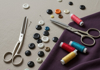 Pair of scissors cutting a pair of buttons.