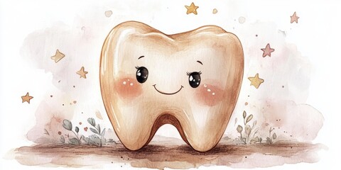Cute tooth character illustration with stars for children's dental health theme. National Tooth Fairy Day