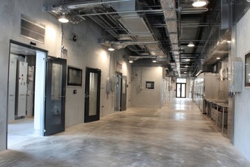 Modern industrial hallway with multiple doors and lighting in a contemporary building facility