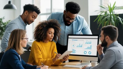 A diverse group of professionals collaborating in a modern office setting analyzing data on a computer screen while discussing strategies and insights for business growth - Powered by Adobe
