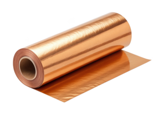 Roll of shiny copper foil used in electronics and industry applications on a transparent background