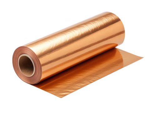 Roll of shiny copper foil used in electronics and industry applications on a transparent background