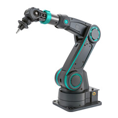 Modern industrial robotic arm with articulated joints and glowing green accents isolated on transparent background