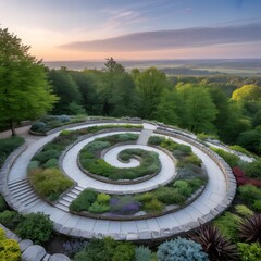 Breathtaking aerial view of the Spiral Garden in Yorkshire England United Kingdom during golden hour filled with lush green vegetation
