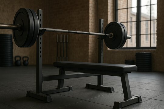  Realistic photo of a flat bench press station with a loaded Olympic barbell in an industrial-style gym. Features a black padded bench, rubber flooring, and background gym equipment bathed in daylight