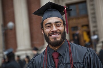 Fototapeta premium Student celebrates graduation in front of historic building on university campus during ceremony in spring