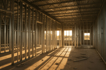 Steel-framed building under construction.