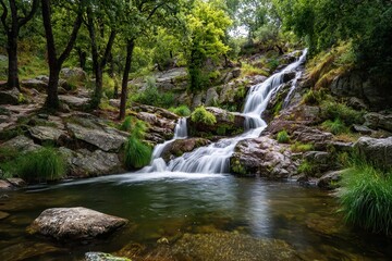 Fototapeta premium Scenic view of a tranquil waterfall flowing over mossy rocks into a natural pool, surrounded by vibrant green forest and rugged terrain. A peaceful nature scene ideal for themes of relaxation, outdoor