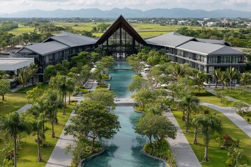 Fototapeta premium Luxury resort with scenic pool and lush gardens nestled in a tranquil landscape on a sunny day in the countryside