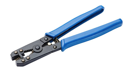 Blue handled wire stripper tool used for electrical repairs and cable cutting isolated on a transparent background