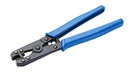 Blue handled wire stripper tool used for electrical repairs and cable cutting isolated on a transparent background