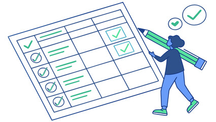 Person holding a giant pencil next to a checklist with checkmarks and empty boxes on a white background