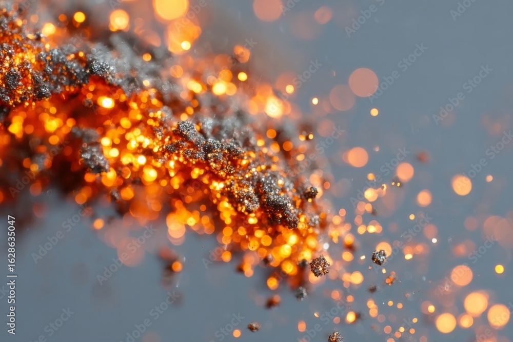 Aufkleber sparkling particles create a vivid display of orange and silver hues against a muted background in a