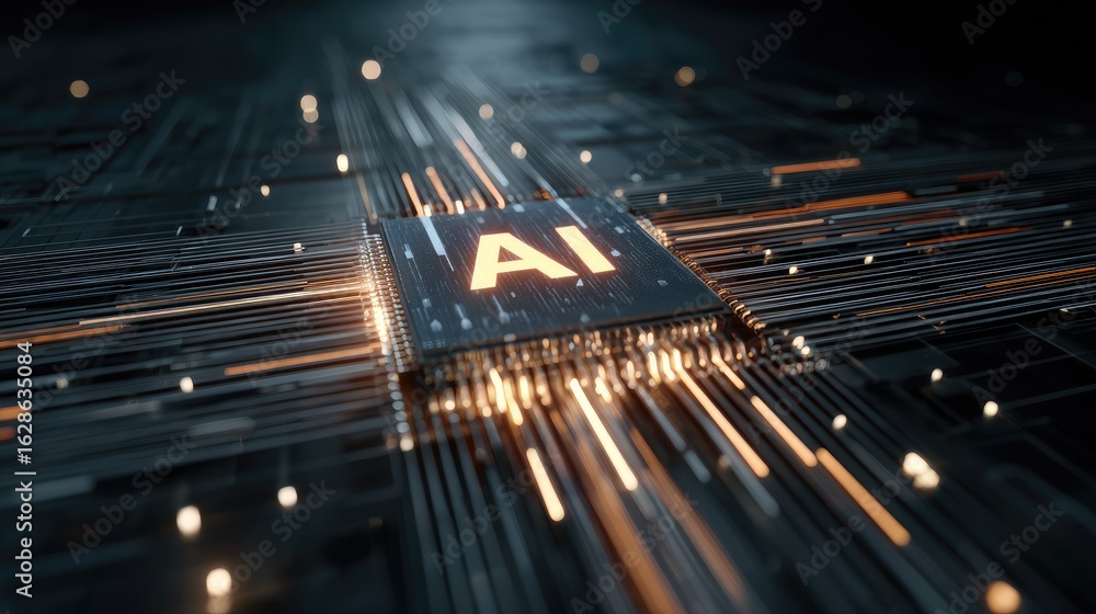 Poster ai chip with glowing orange circuits on dark digital board, representing cutting-edge artificial int