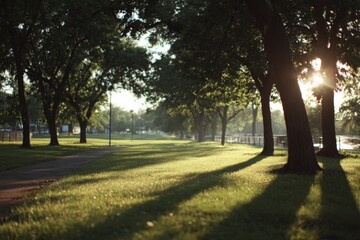 Warm morning light filters through trees in a serene park path, inviting tranquil strolls alongside gentle river reflections