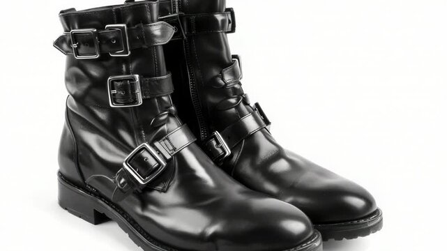 A pair of black leather boots with shiny buckles, great for any occasion