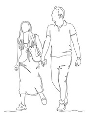 Young couple man and woman holding hands talking and walking. Front view. Continuous line drawing. Black and white vector illustration in line art style.