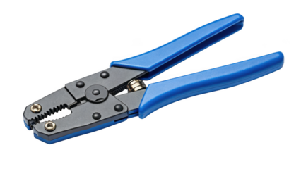 Blue handled wire stripper tool used for electrical repairs and cable cutting isolated on a transparent background