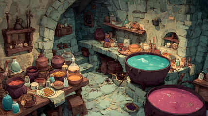 A whimsical illustration of a witch's potion room, filled with bubbling cauldrons, mysterious ingredients, and magical artifacts scattered around