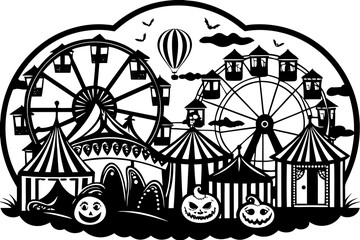 Naklejka premium A spooky carnival with haunted rides in the background vector illustration