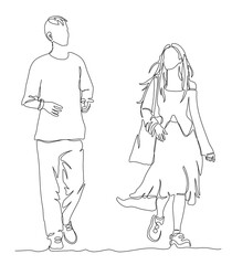 Young couple talking and walking. Dating. Continuous line drawing. Black and white vector illustration in line art style.