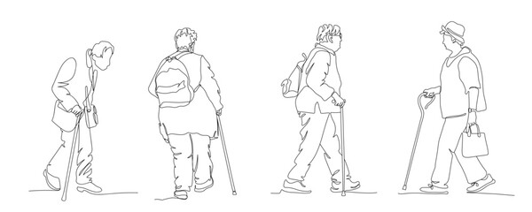 Senior people with walking canes. Set of 4 elderly men and women. Side view. Linear drawing. Vector illustration in line art style.