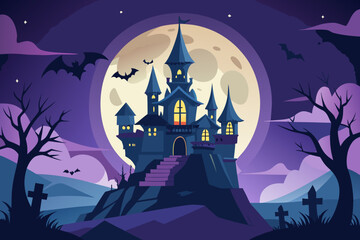 A dark fairytale Halloween castle with flying bats silhouette vector illustration