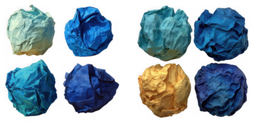 Eight crumpled paper balls in various shades of blue and gold create an interesting abstract pattern isolated on transparent background
