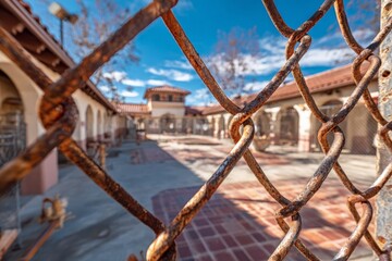 Rusty fence encloses an abandoned courtyard in a historic building under a clear blue sky