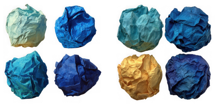 Eight crumpled paper balls in various shades of blue and gold create an interesting abstract pattern isolated on transparent background