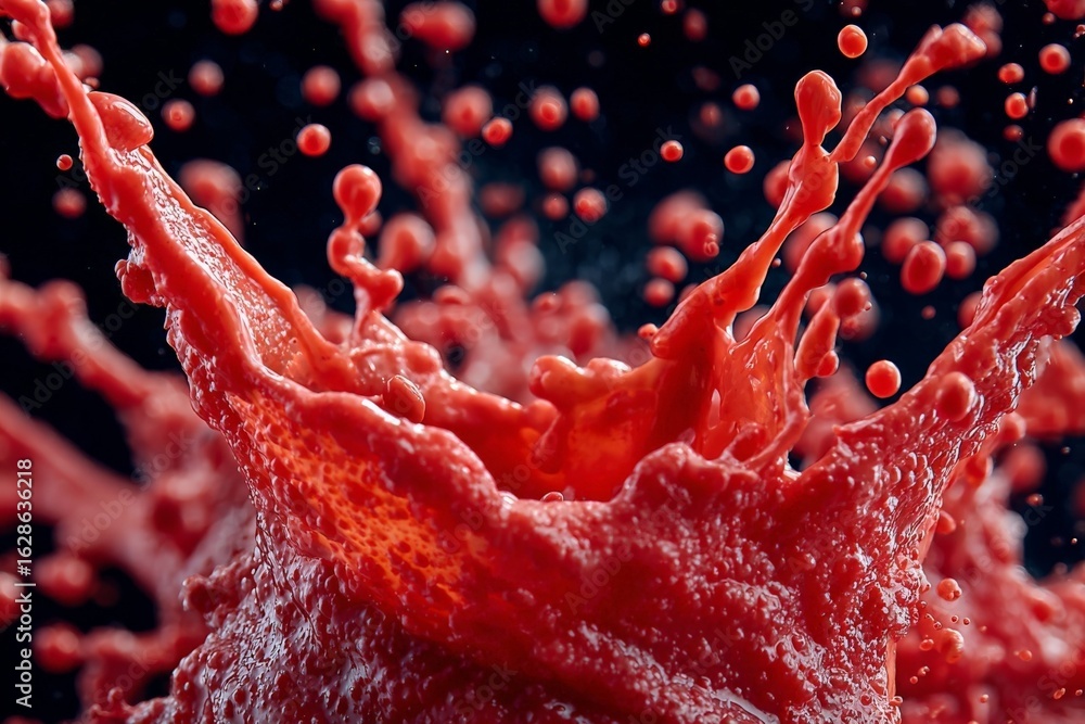Poster vibrant red liquid splashing against a dark background creating dynamic patterns and textures
