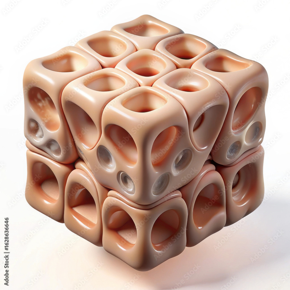 Poster abstract 3d geometric cube sculpture with organic porous texture and swirling patterns isolated on t