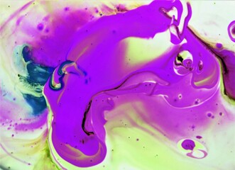 abstract background of oil paint mixing in water, purple and green
