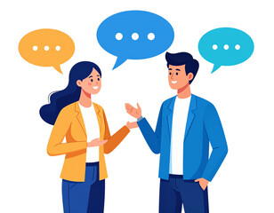 Modern flat vector illustration of two people talking with speech bubbles, great for